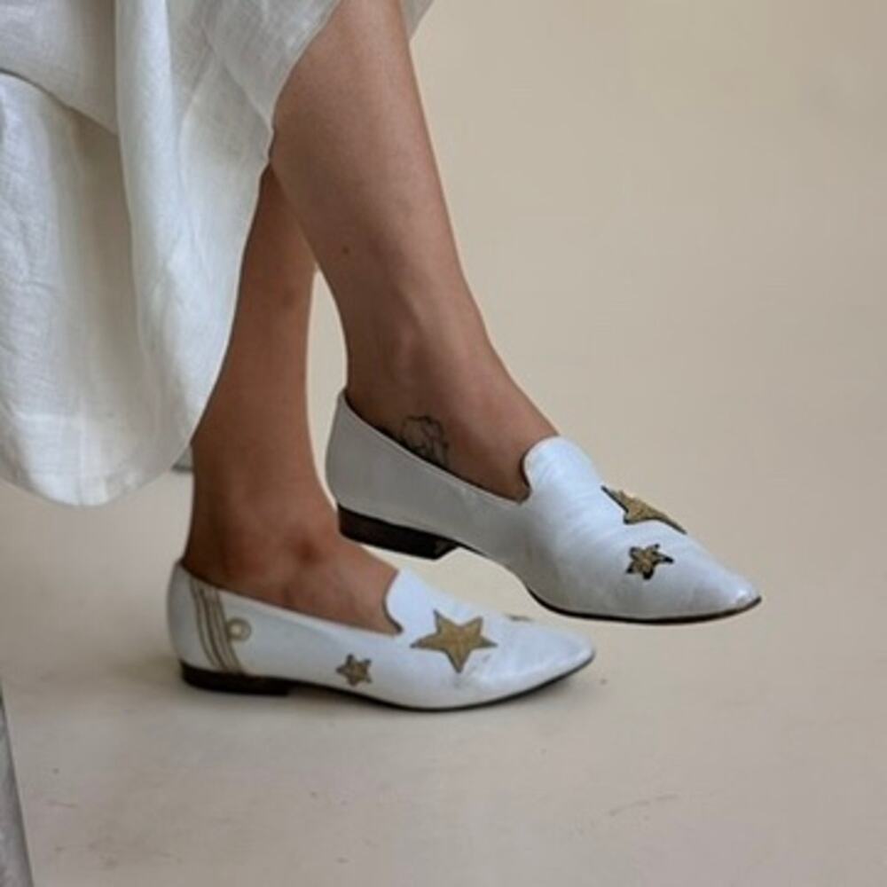 Joan & David Star Loafers - White Leather, Gold Star, Made in Italy, Size 7.5